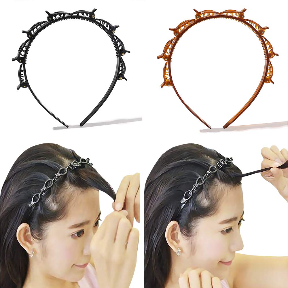 Ivyu Headbands for Women Head bands Hair Bands for Girls Thin Plastic Headband with Clips, Fashion Braided Headbands Double Layer Twist Plait Hair Tools, Double Bangs Hairstyle Hairpin for Work out