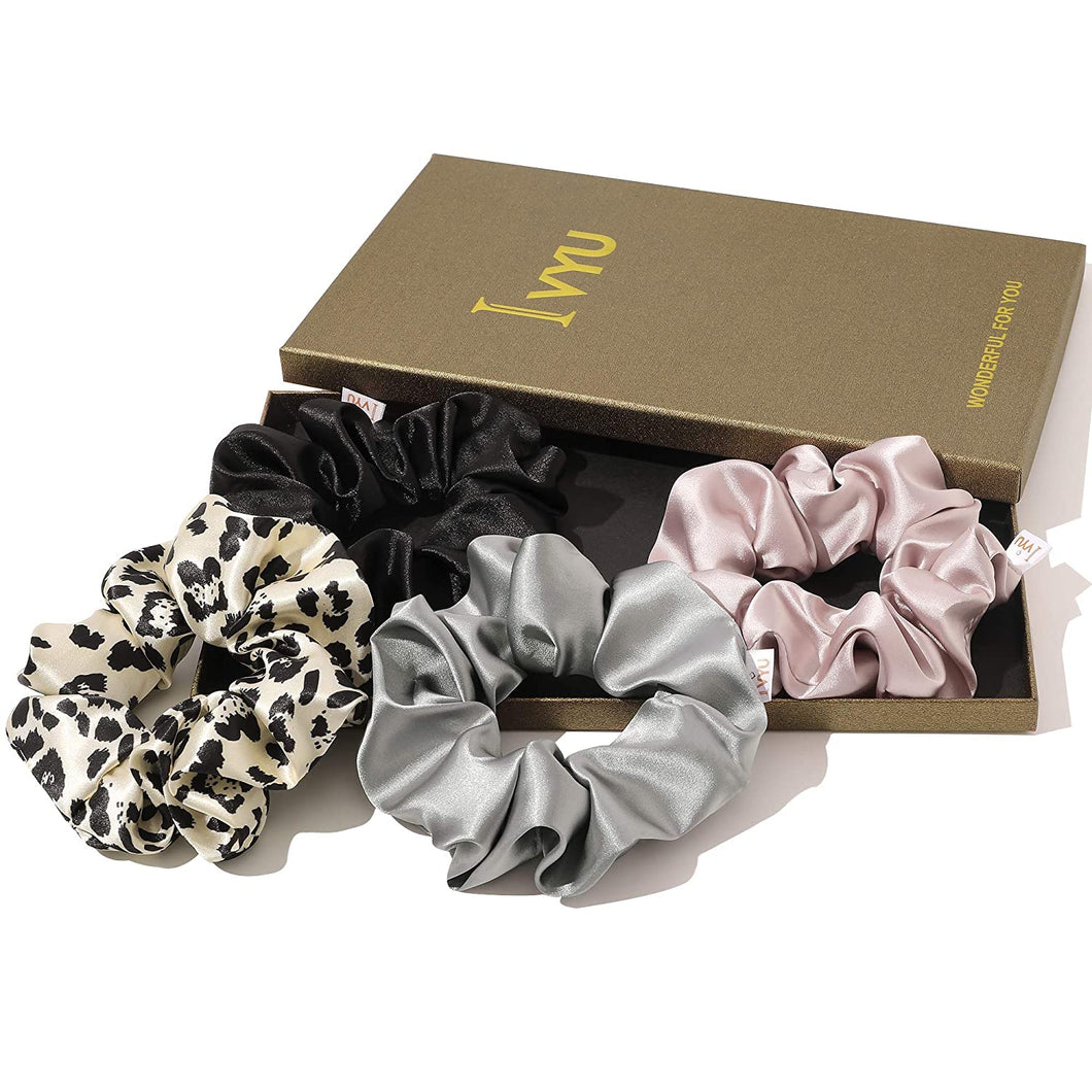 Silk Scrunchies Hair Ties Scrunchie for Girls Women Satin Big Large Cheetah Scrunchy Cute Hairties For Thick Curl Hair No Crease Hair Accessories Soft Ropes Ponytail Holder No Hurt Your Hair Leopard Black Pink Gray