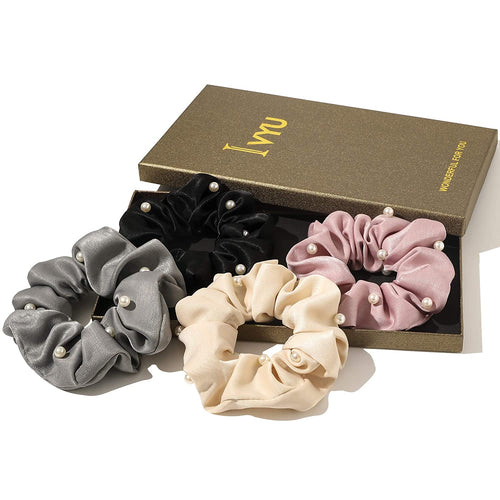 Ivyu Satin Scrunchy with Pearl (Black Pink cream Gray) - Ivyu Beauty