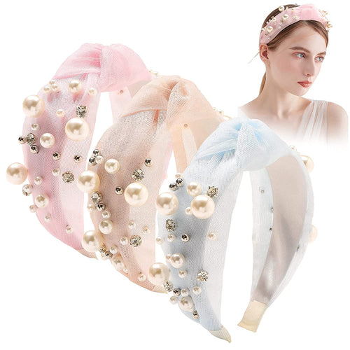 Ivyu Headbands Knotted 3 Pearl Headband Pink Blue Beige - Ivyu Beauty
