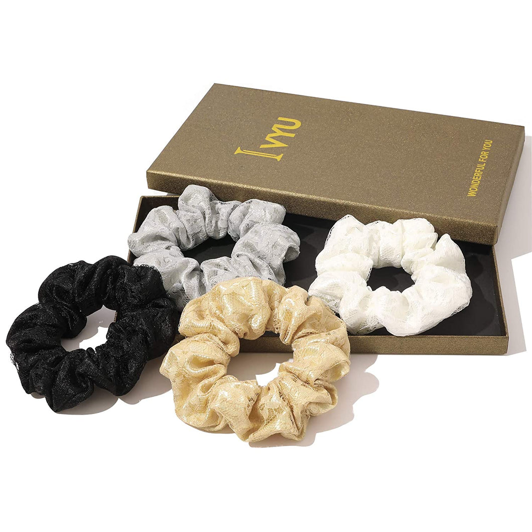Scrunchies Hair Ties for Women Girls Cute Lace Scrunchy Hairties for Thick Curl Hair No Crease Hair Accessories Soft Ropes Ponytail Holder No Hurt Your Hair (Black White Yellow Gray)
