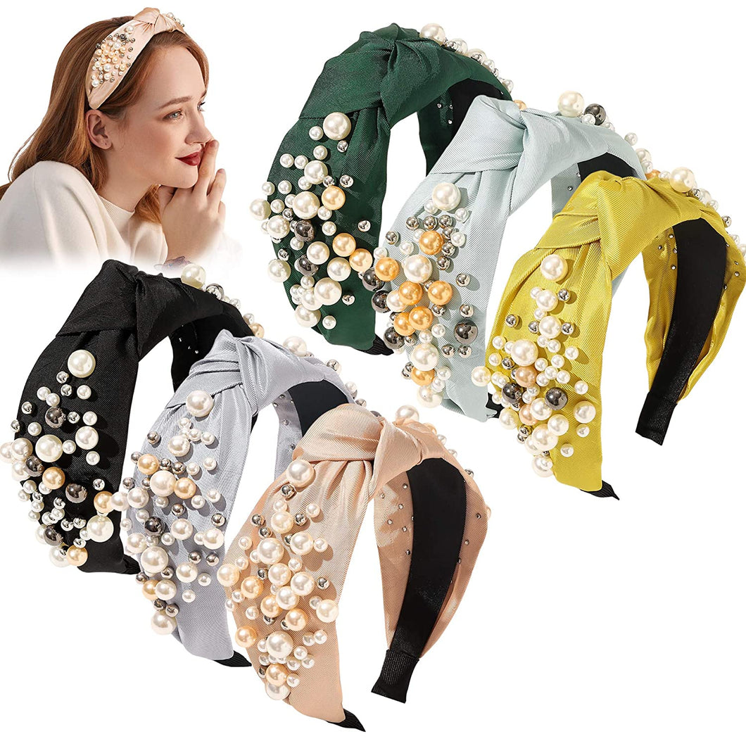 Fashion Pearl Knotted Headbands for Women - 6 Pack Wide Colorful No Slip Large Accessories Hairbands Oversize Para Mujer De Moda Head Band Stretchy Gifts for Girls