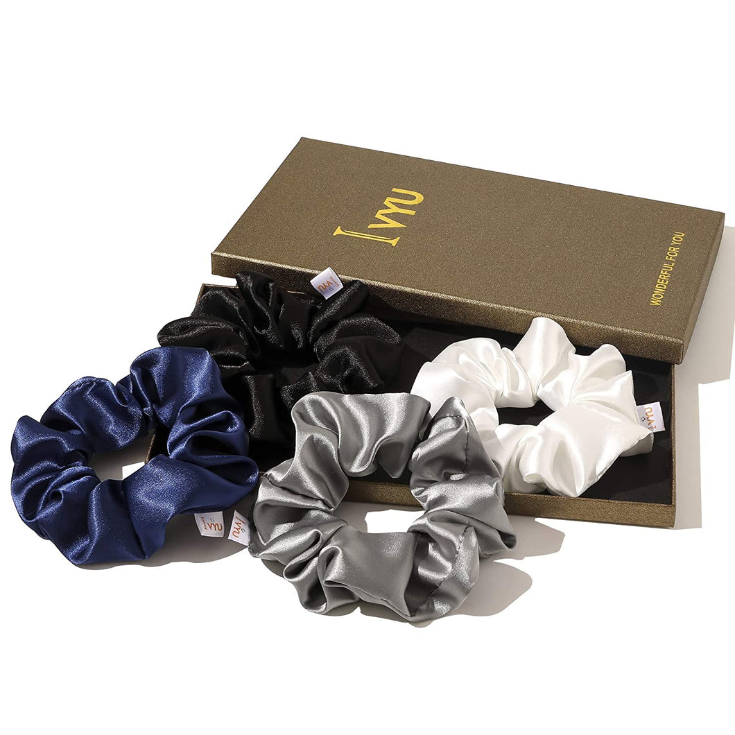 Scrunchies Hair Ties Silk Scrunchy for Girls Women Cute Hairties Scrunchy For Thick Curl Hair No Crease Hair Accessories Soft Ropes Ponytail Holder No Hurt Your Hair (White Black Navy Gray) - Ivyu Beauty