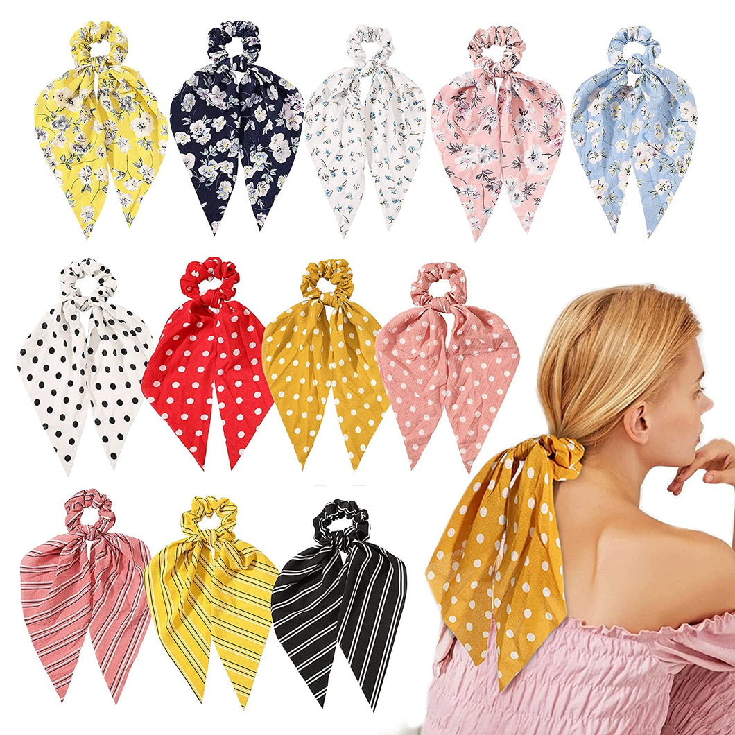 Hair Scarf Scrunchies Ties - 12 Pcs Scrunchy for Women Girls Chiffon Floral Bow Ribbon Scrunchy with Tails or Thick Curl Hair No Crease Hair Bands Ponytail Holder Scrunchie 2 in 1 Vintage Accessories